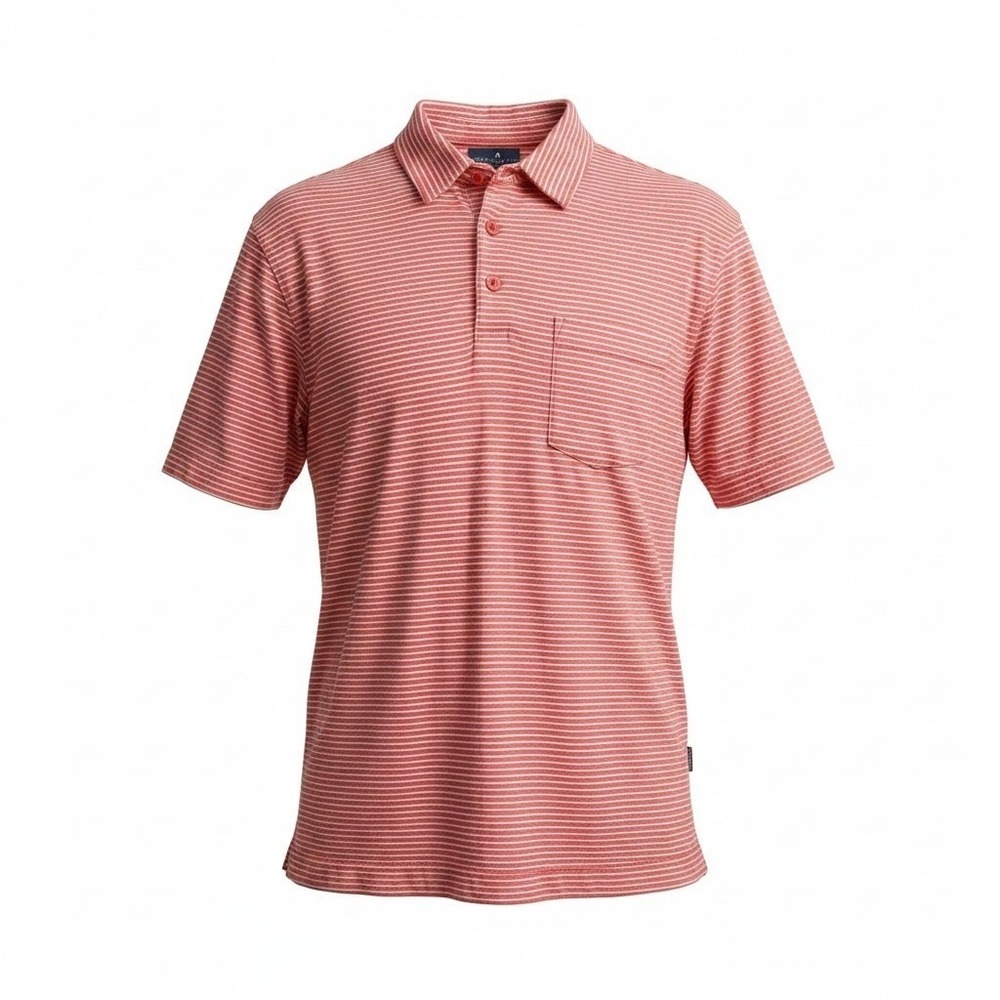 Patagonia Mens Small Coral White Striped Short Sleeve Pocket Polo Shirt Hiking